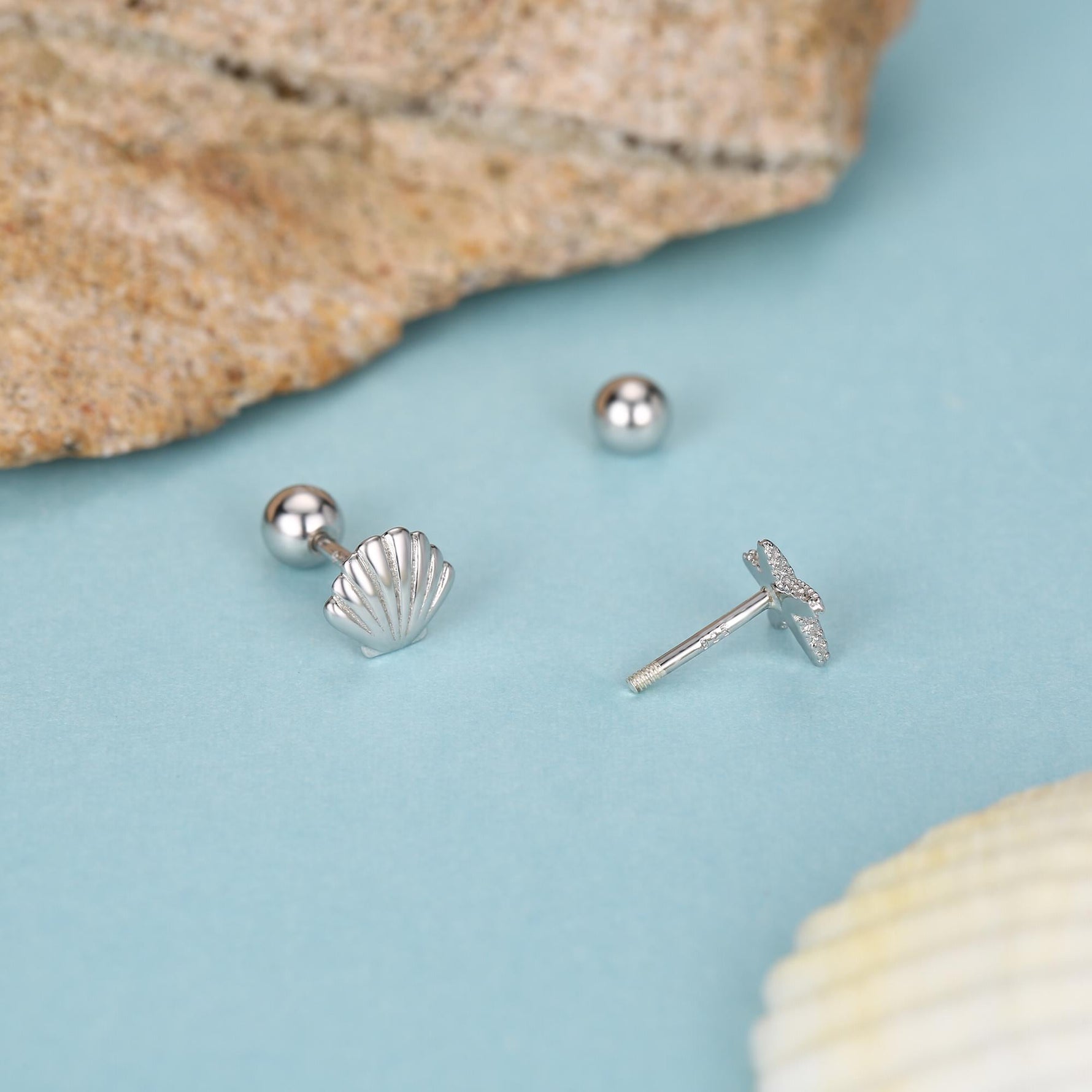 Sterling Silver Starfish and Shell 18G Screw Back Stud Earrings