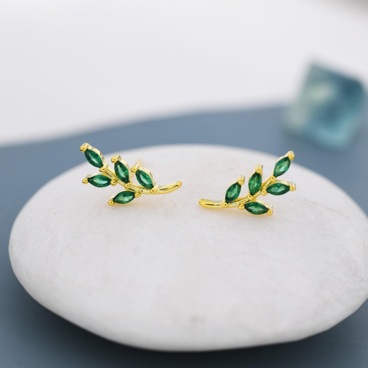 Emerald Green Leaf 18G Screw Back Earrings in Sterling Silver
