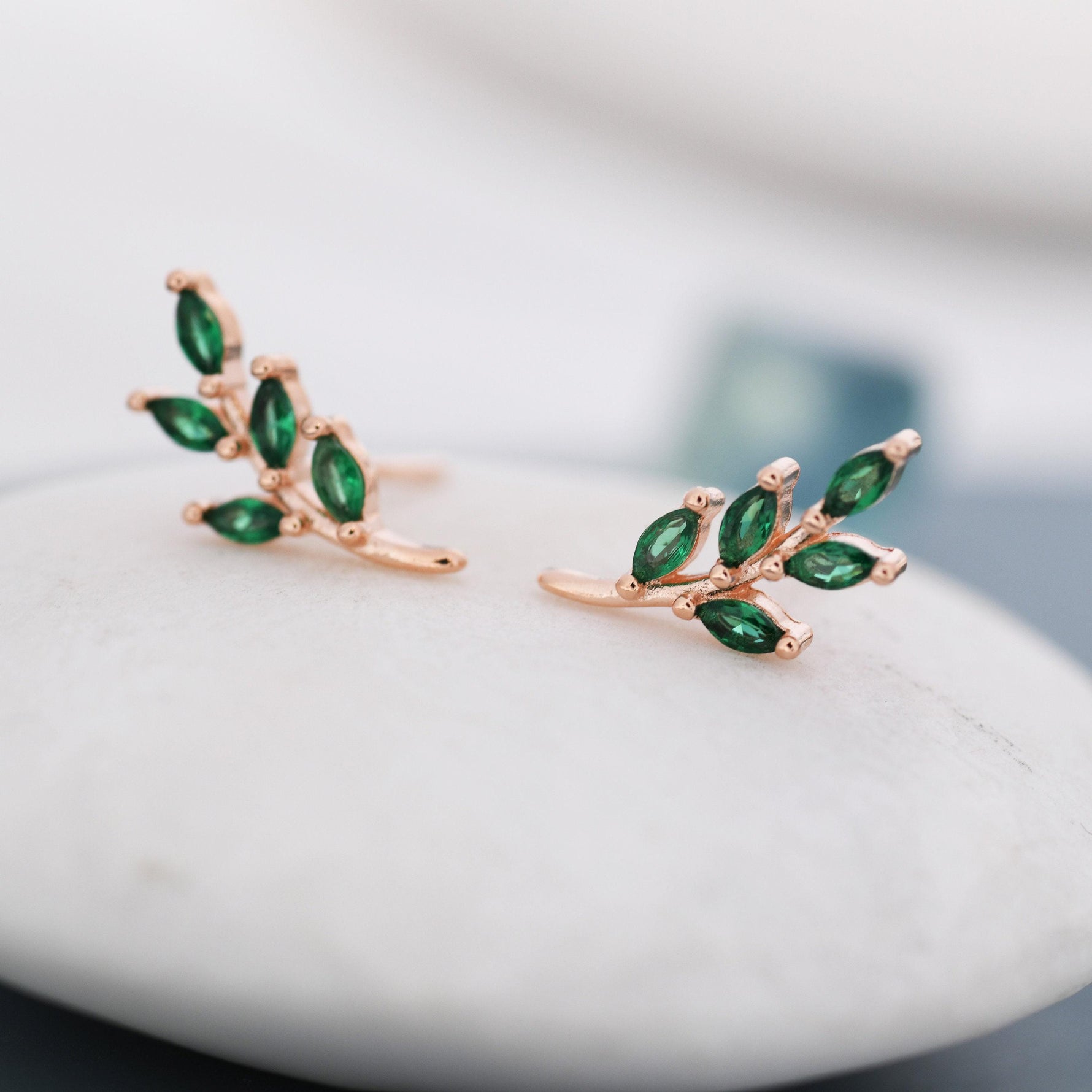Emerald Green Leaf 18G Screw Back Earrings in Sterling Silver