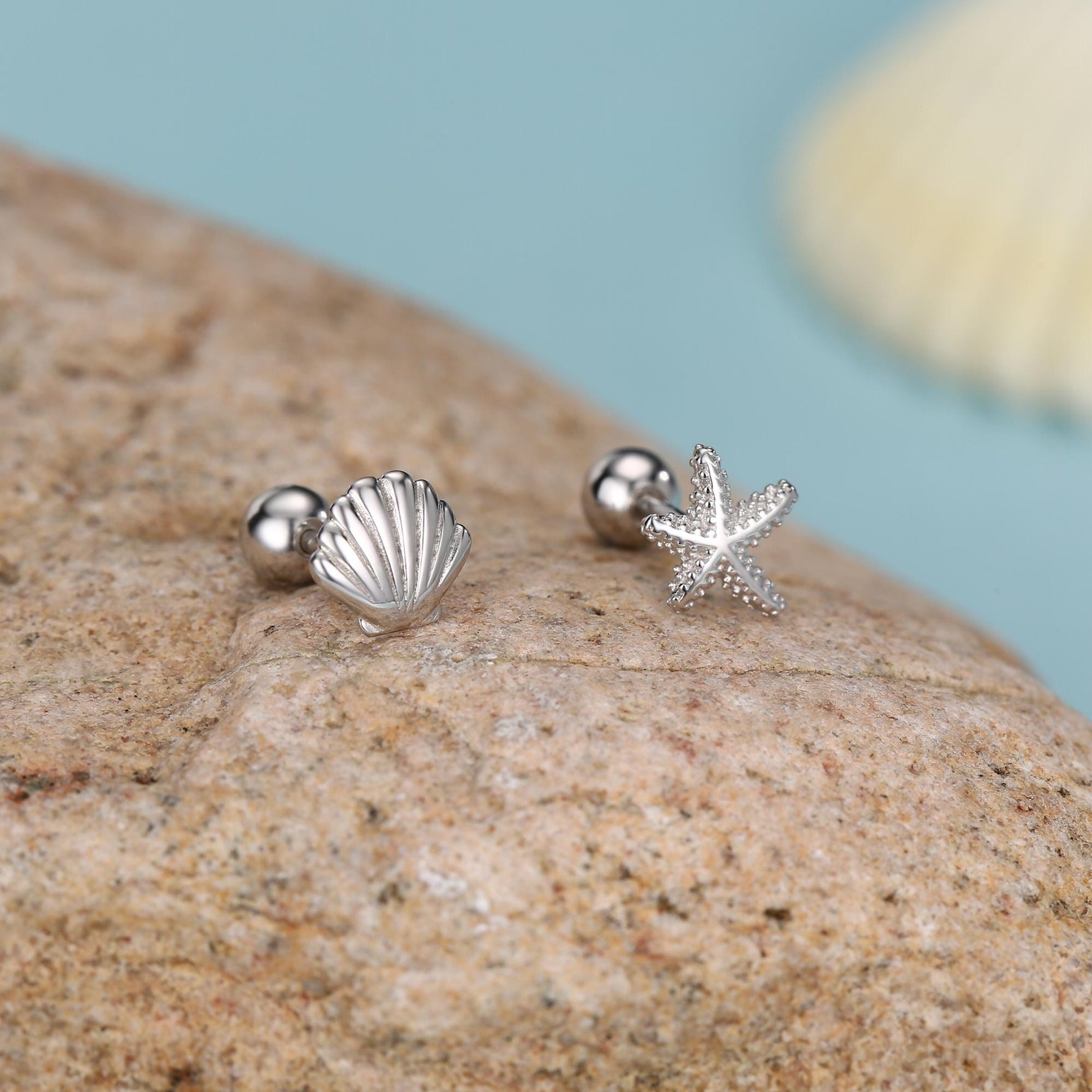 Sterling Silver Starfish and Shell 18G Screw Back Stud Earrings