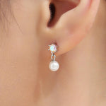 Aurora AB Crystal with Dangling Pearl Earrings in Sterling Silver, CZ and Pearl Drop Earrings, Lab Created Mother of Pearl Beads