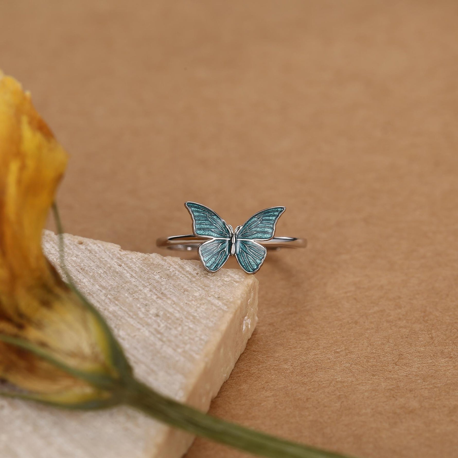 Sterling Silver Teal Enamel Butterfly Ring