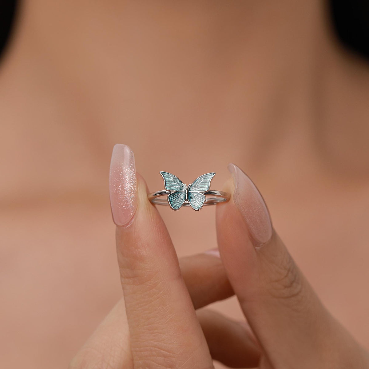 Sterling Silver Teal Enamel Butterfly Ring
