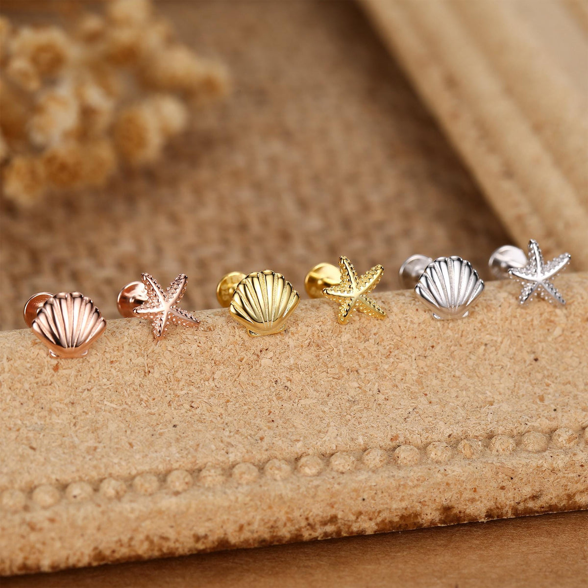 Sterling Silver Shell and Starfish 16G Flat Back Labret Earrings