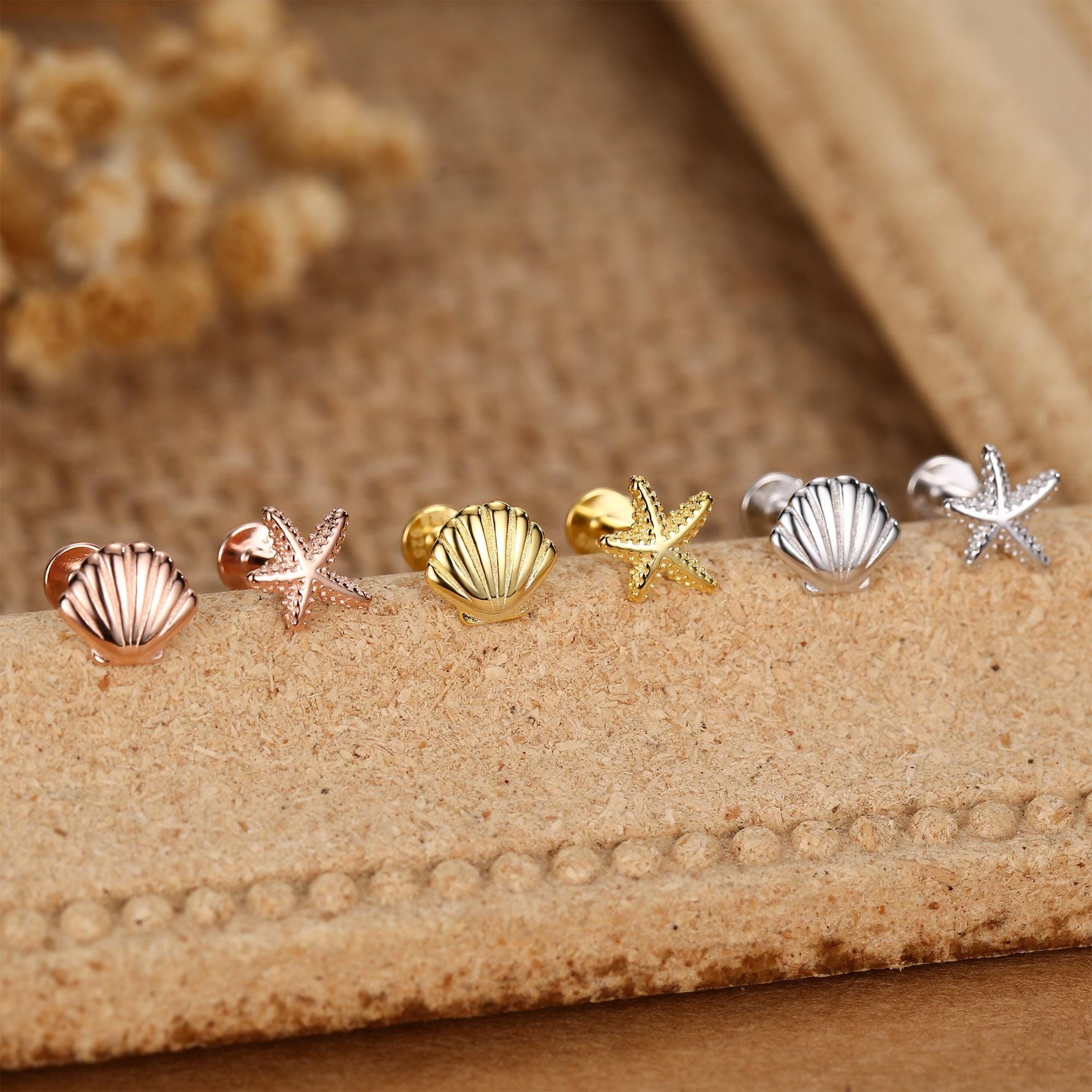 Sterling Silver Shell and Starfish 16G Flat Back Labret Earrings