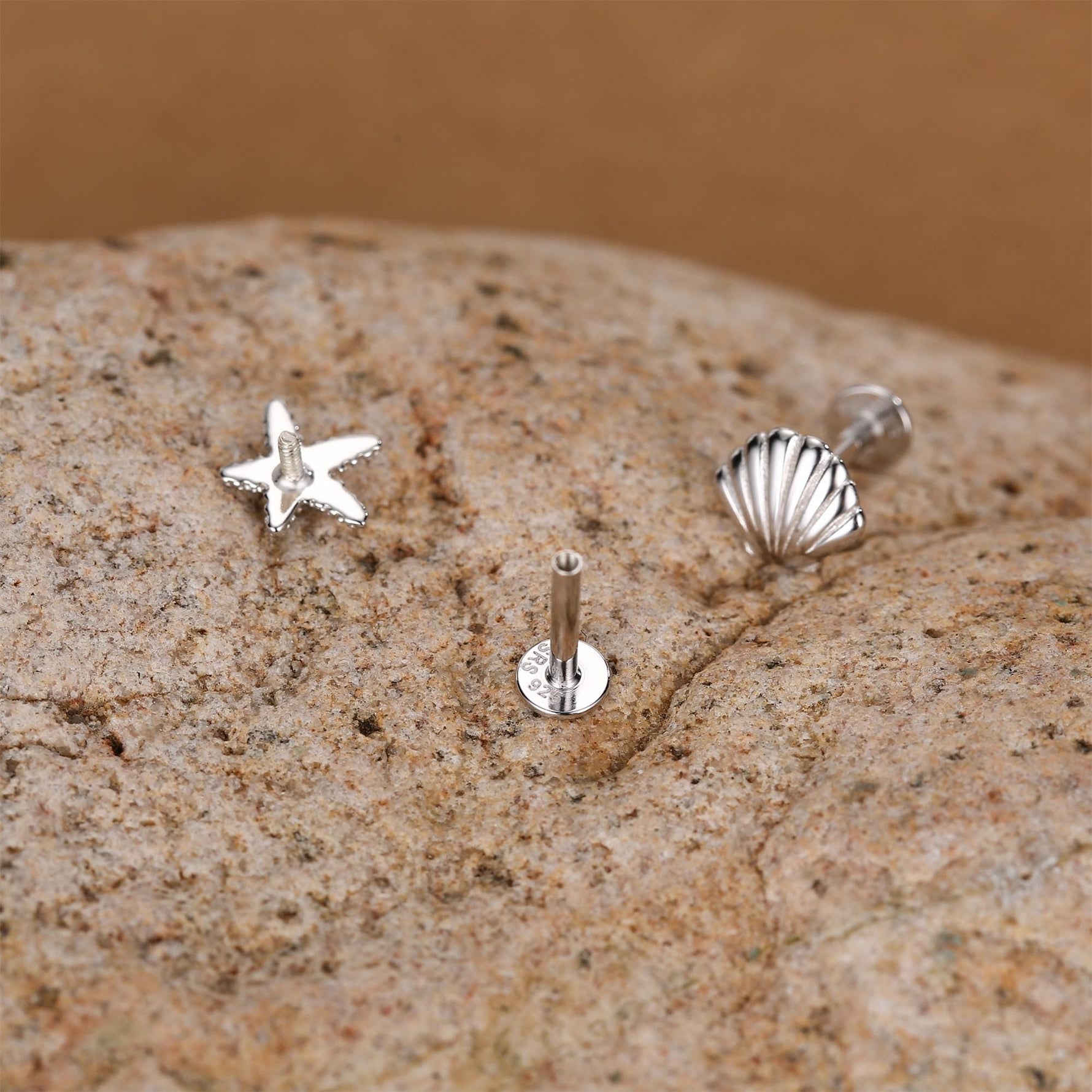 Sterling Silver Shell and Starfish 16G Flat Back Labret Earrings