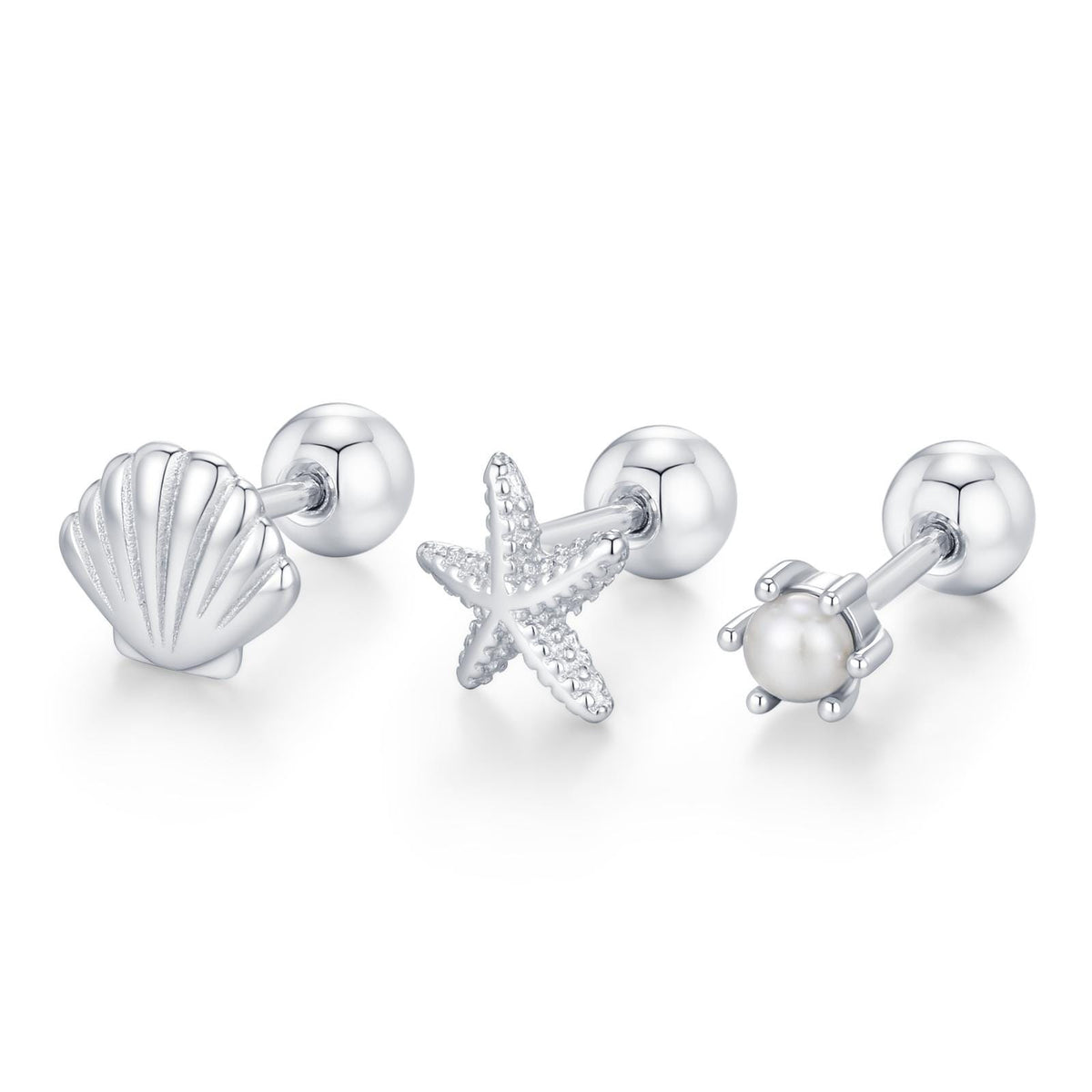 Sterling Silver Shell Starfish and Pearl 18G Screw Back Stud Earrings Set