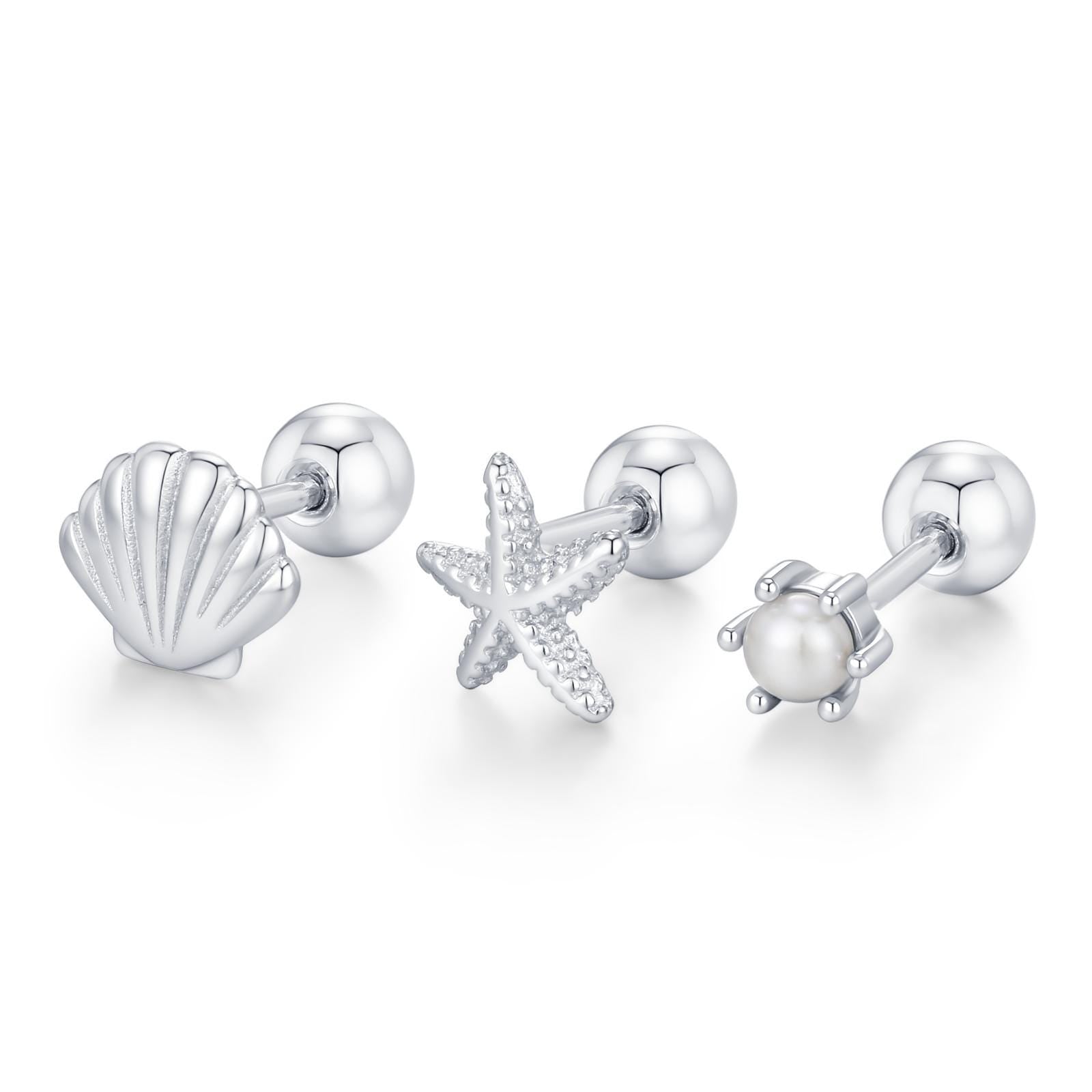 Sterling Silver Shell Starfish and Pearl 18G Screw Back Stud Earrings Set