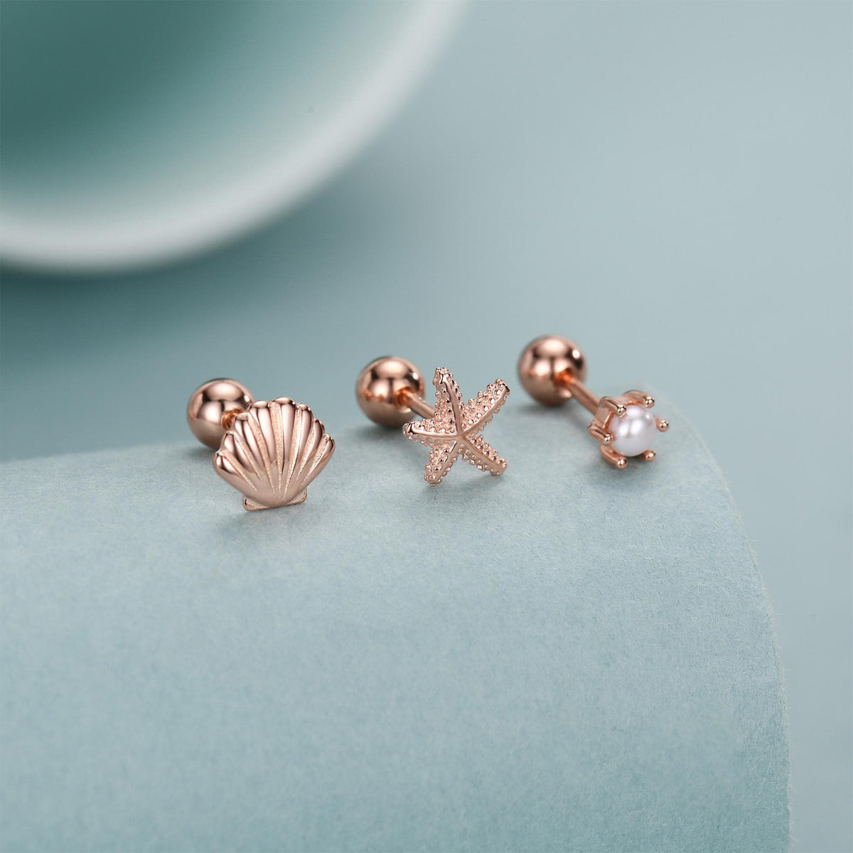 Sterling Silver Shell Starfish and Pearl 18G Screw Back Stud Earrings Set
