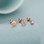 Sterling Silver Shell Starfish and Pearl 18G Screw Back Stud Earrings Set