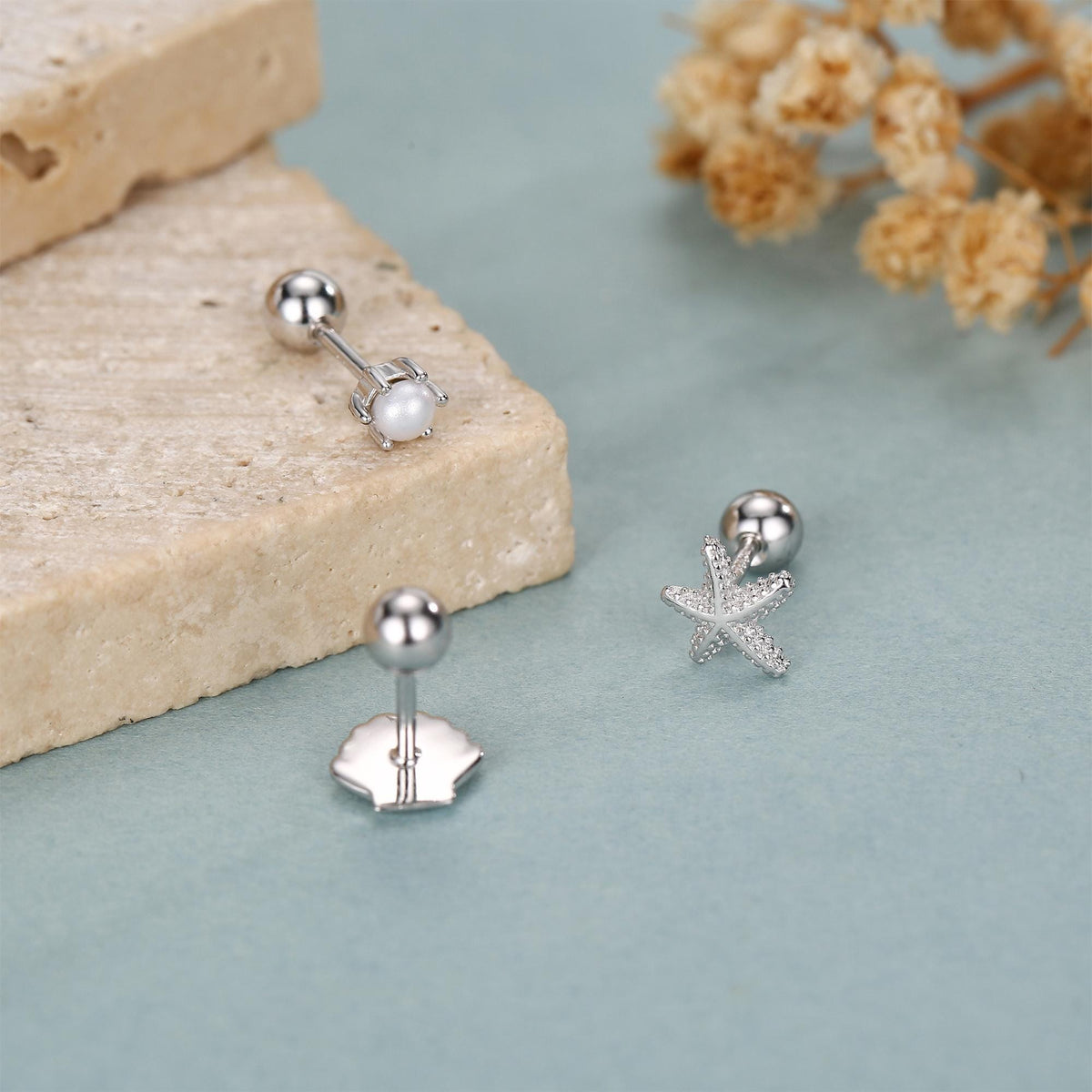 Sterling Silver Shell Starfish and Pearl 18G Screw Back Stud Earrings Set