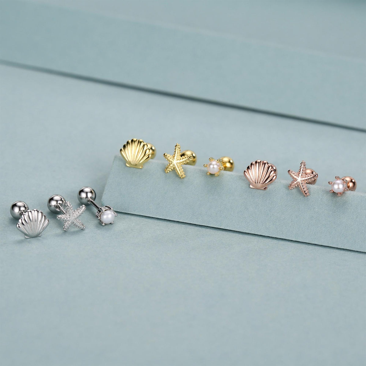 Sterling Silver Shell Starfish and Pearl 18G Screw Back Stud Earrings Set
