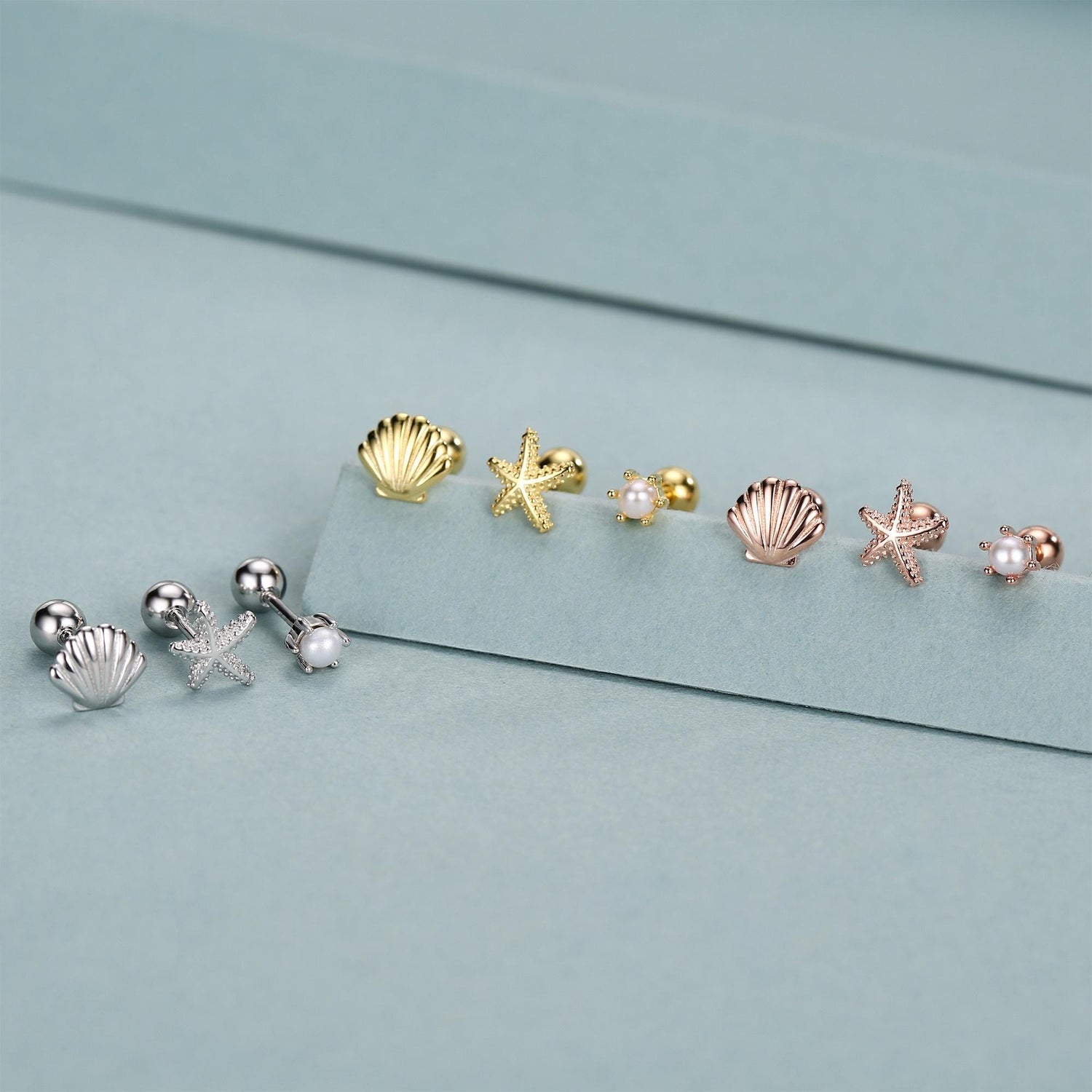 Sterling Silver Shell Starfish and Pearl 18G Screw Back Stud Earrings Set