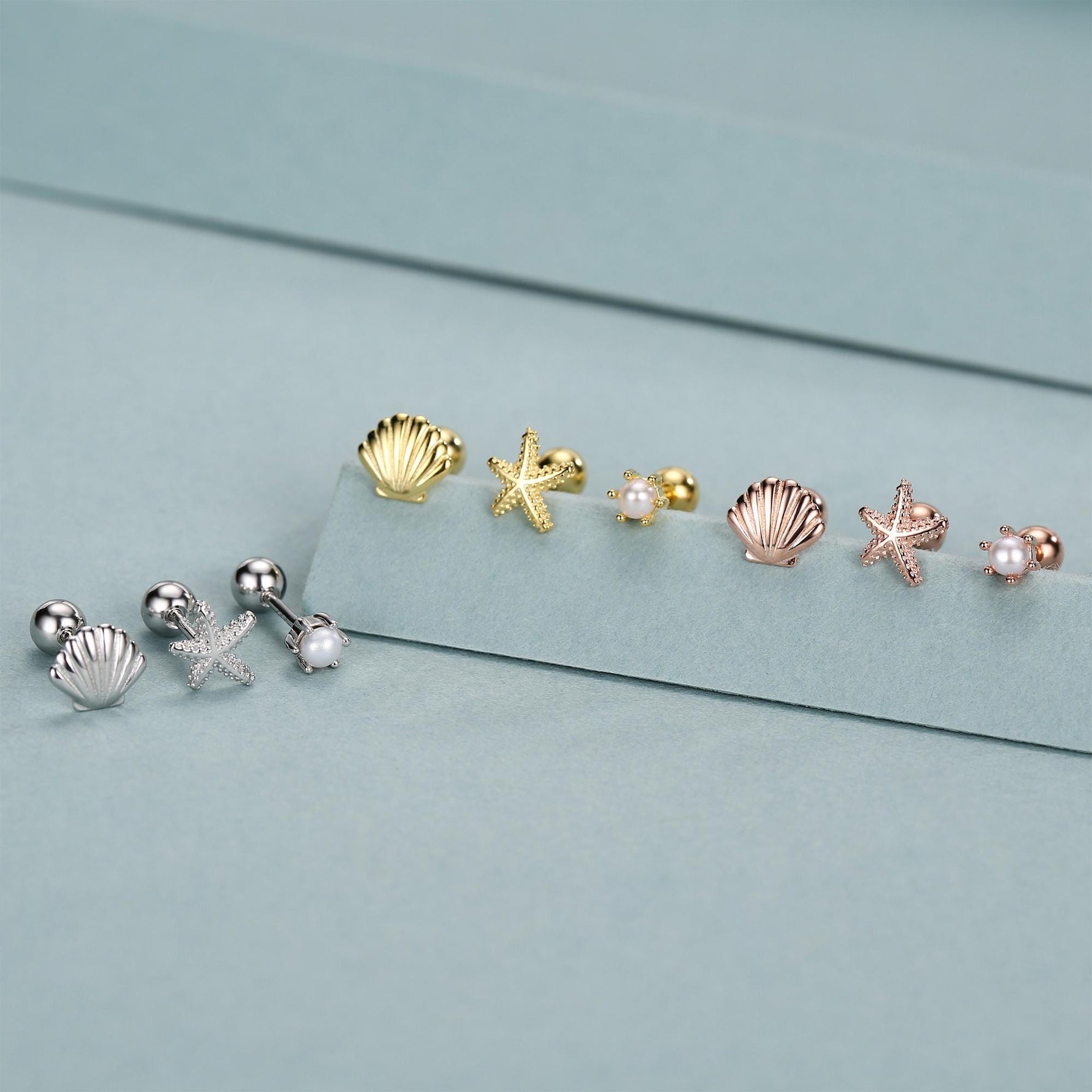 Sterling Silver Shell Starfish and Pearl 18G Screw Back Stud Earrings Set