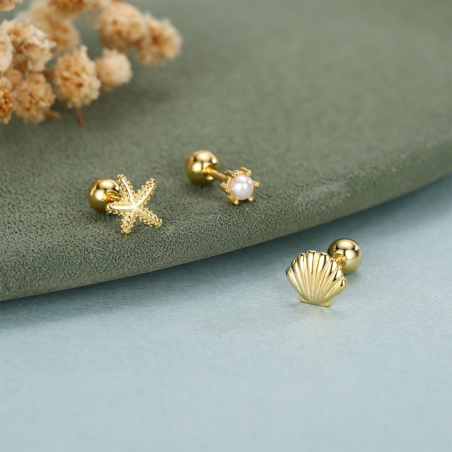 Sterling Silver Shell Starfish and Pearl 18G Screw Back Stud Earrings Set