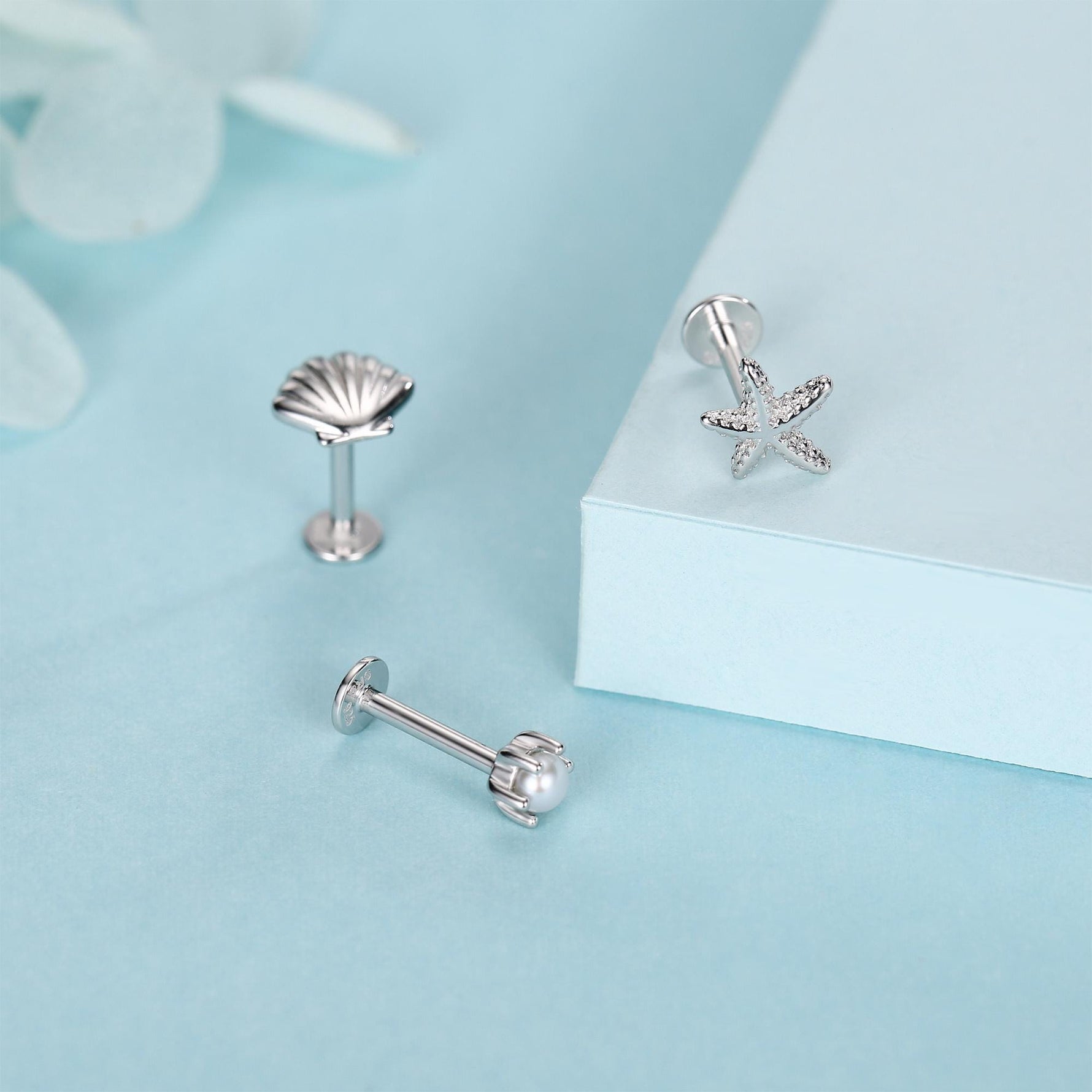 Sterling Silver Shell Starfish and Pearl 16G Flat Back Labret Earrings Set