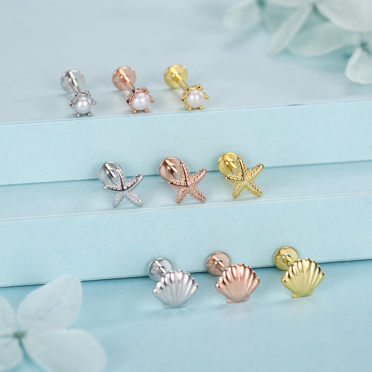 Sterling Silver Shell Starfish and Pearl 16G Flat Back Labret Earrings Set