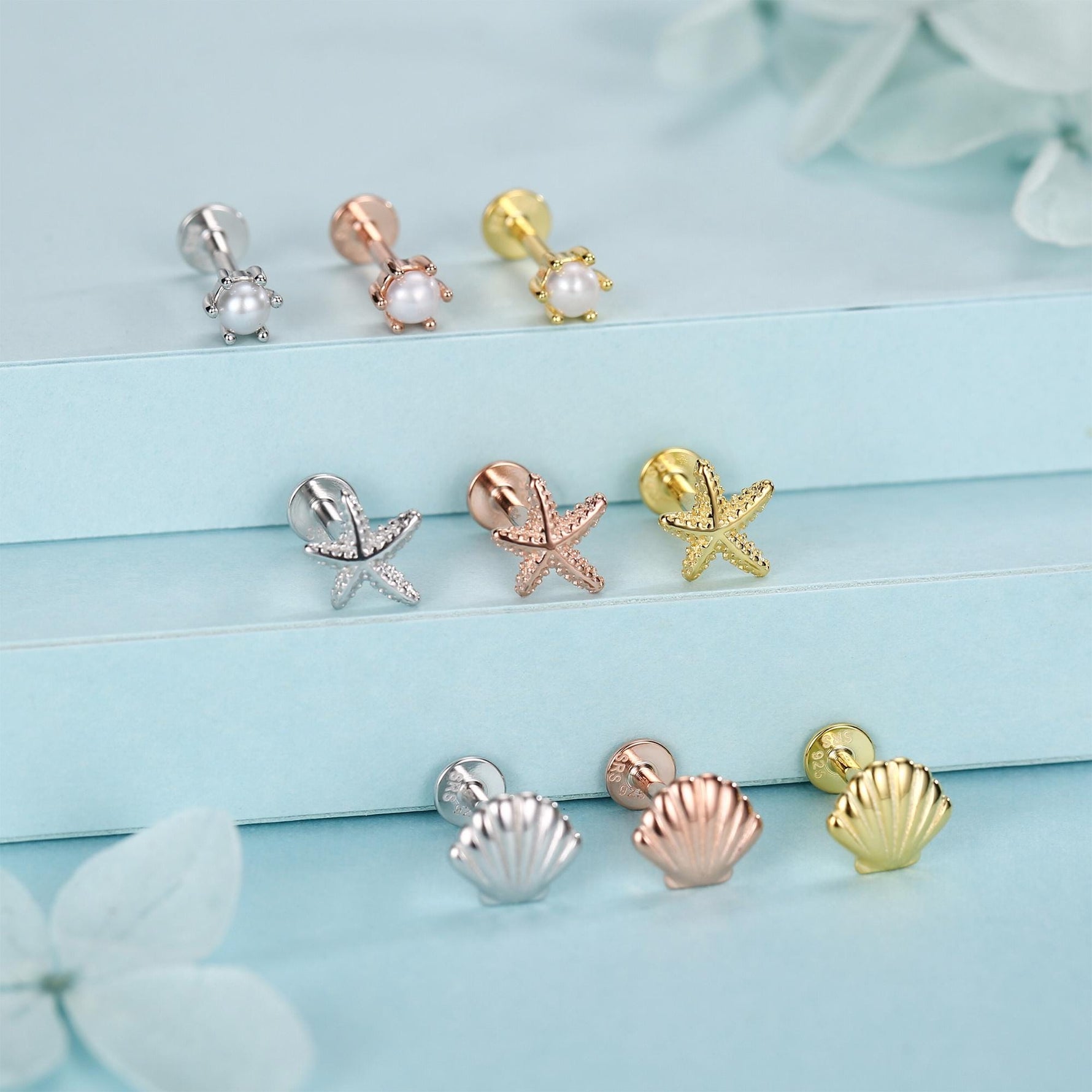 Sterling Silver Shell Starfish and Pearl 16G Flat Back Labret Earrings Set