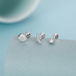 Sterling Silver Shell Starfish and Pearl 16G Flat Back Labret Earrings Set