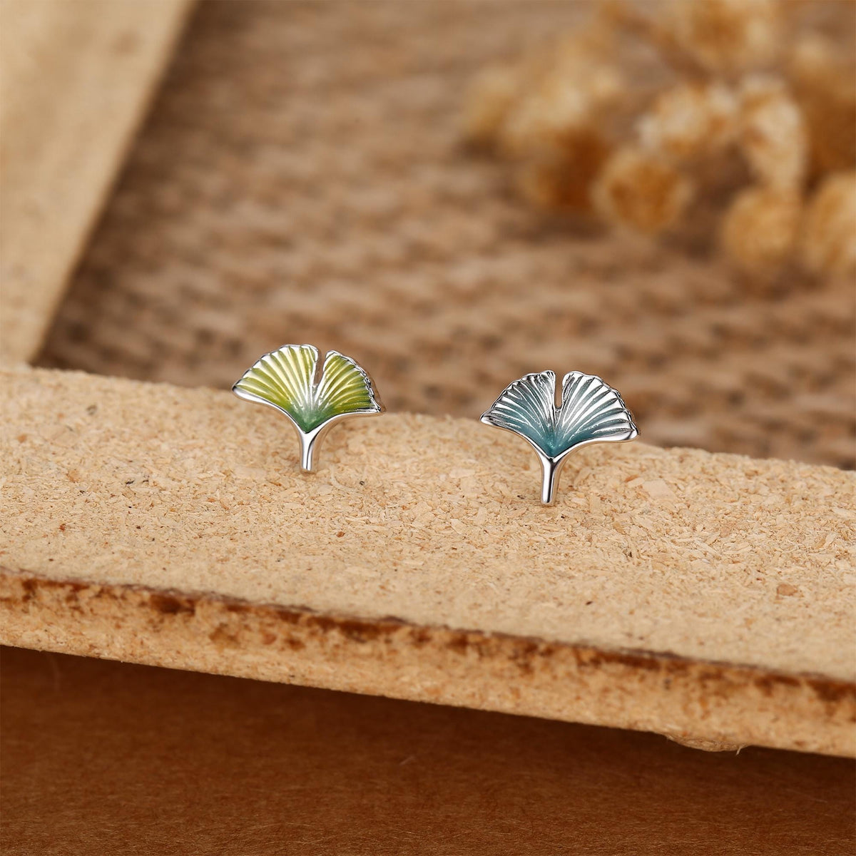 Sterling Silver Mismatched Enamel Ginkgo Leaf Stud Earrings