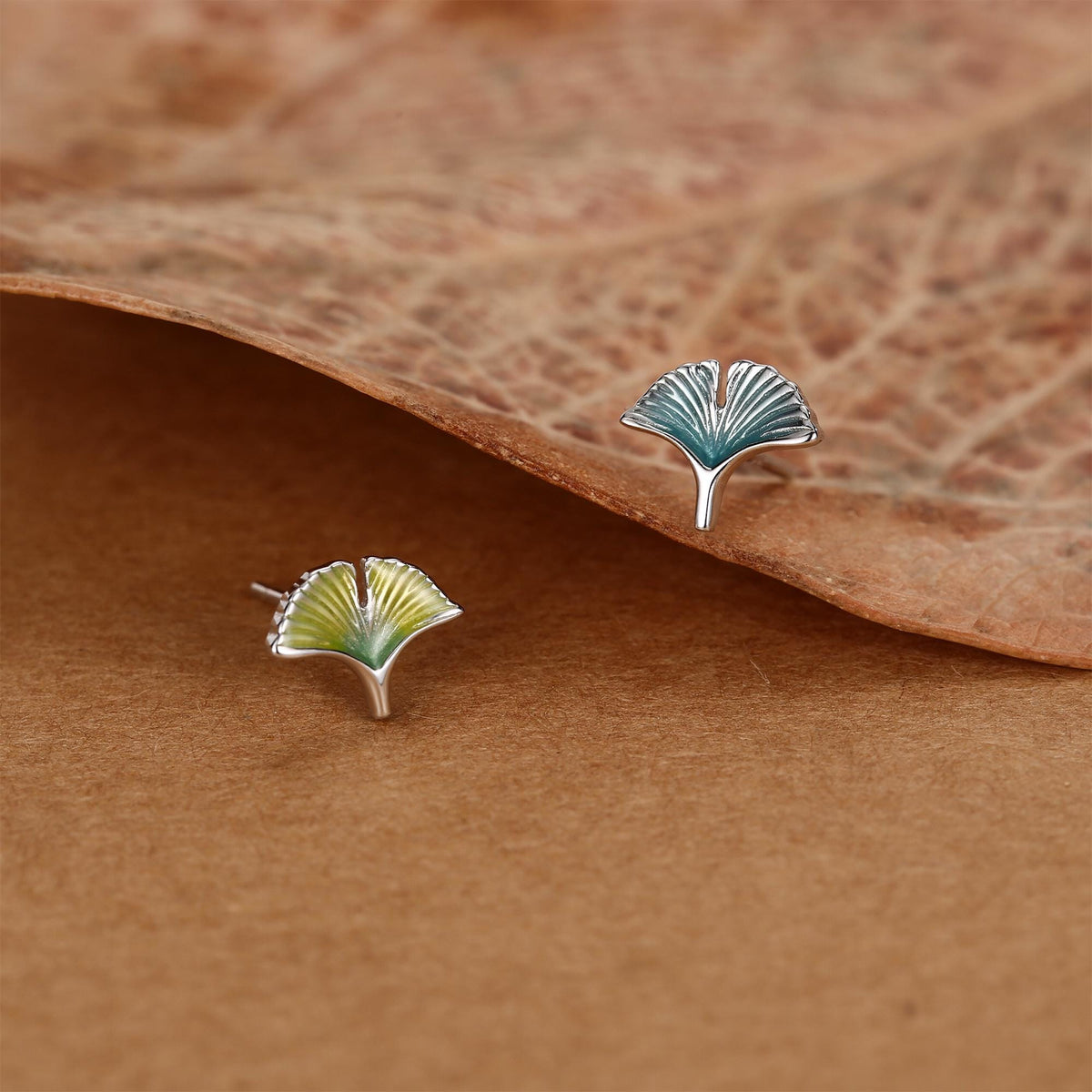Sterling Silver Mismatched Enamel Ginkgo Leaf Stud Earrings