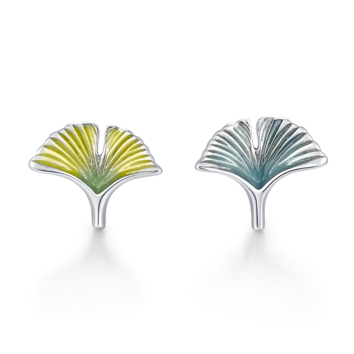Sterling Silver Mismatched Enamel Ginkgo Leaf Stud Earrings