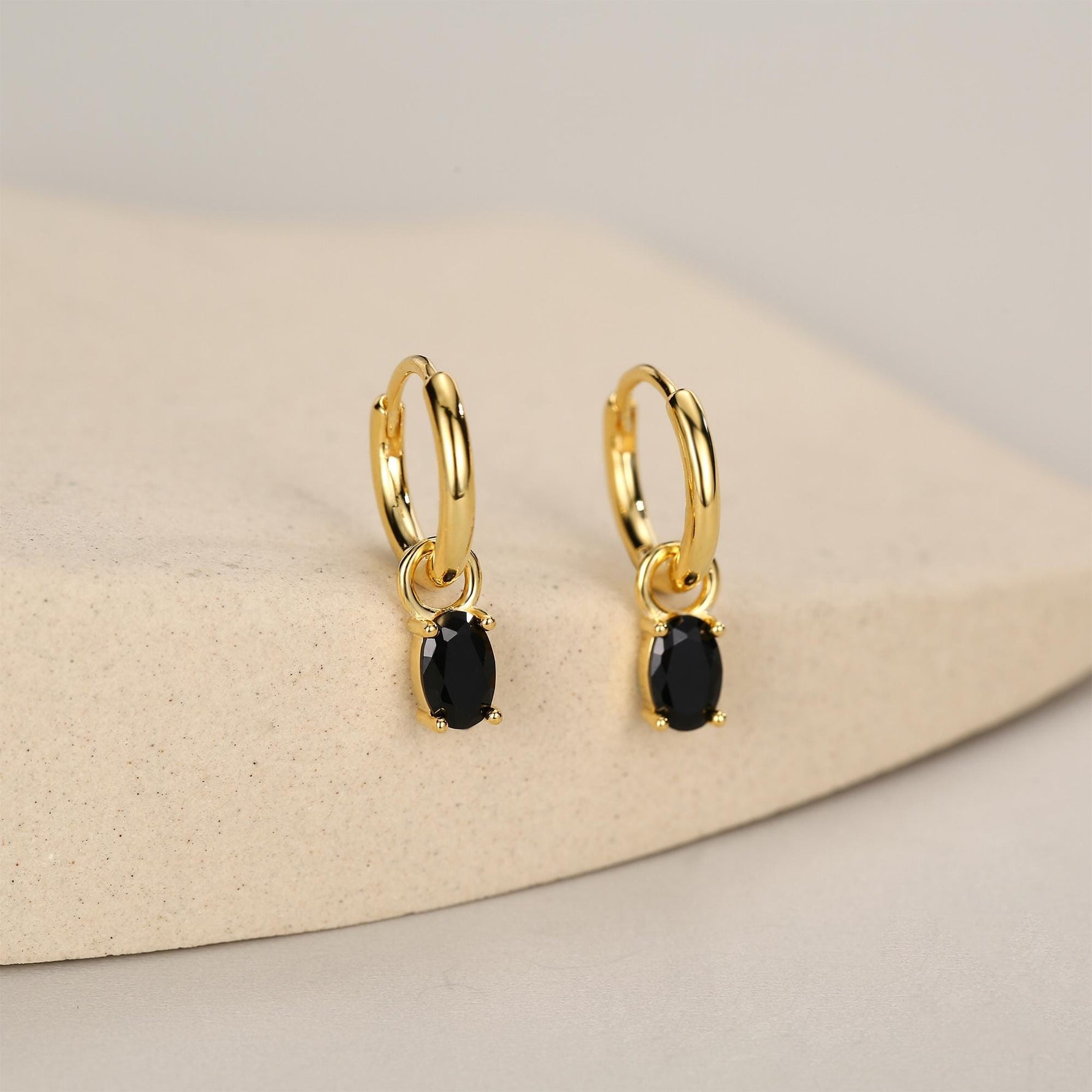 Oval Black CZ Huggie Hoop in Sterling Silver, Silver or Gold, Minimalist Simple Hoop Earrings, Detachable and Interchangeable