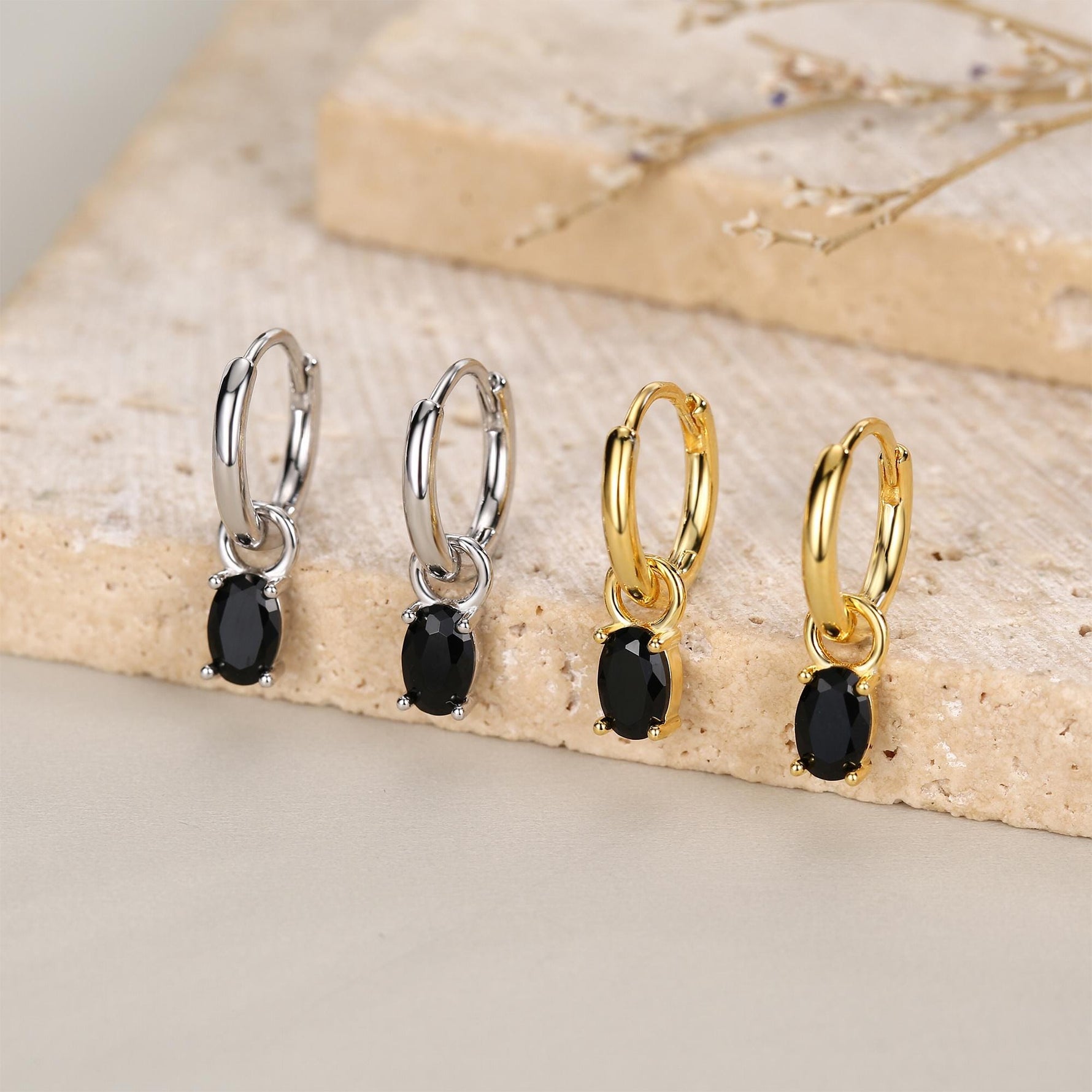 Oval Black CZ Huggie Hoop in Sterling Silver, Silver or Gold, Minimalist Simple Hoop Earrings, Detachable and Interchangeable