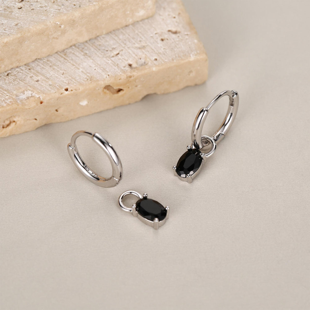 Black Oval CZ Charms for Huggie Hoops in Sterling Silver