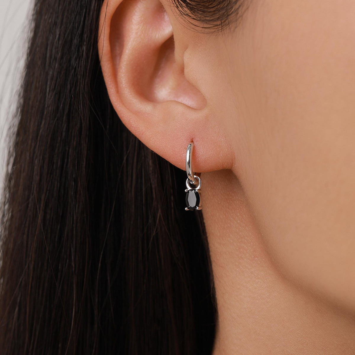 Black Oval CZ Charms for Huggie Hoops in Sterling Silver