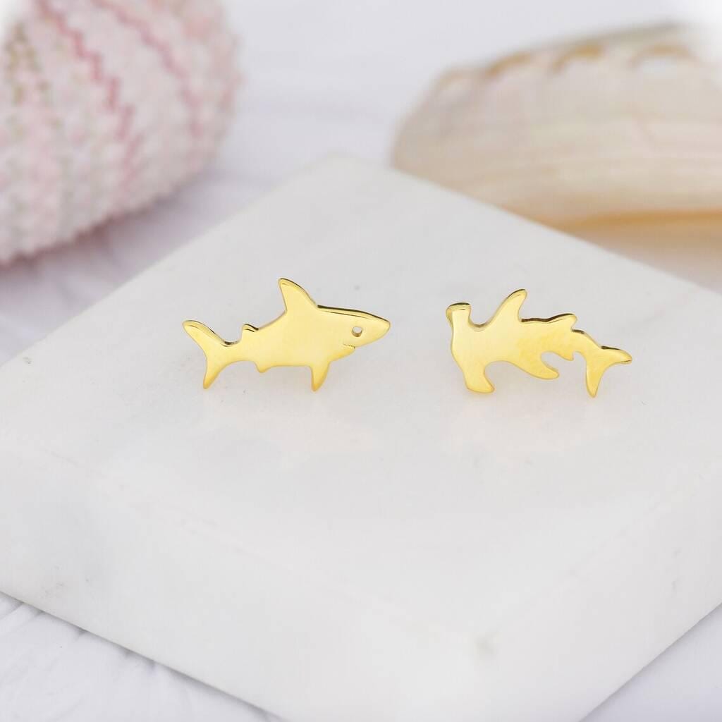 Mismatched Shark Stud Earrings in Sterling Silver, Animal Earrings