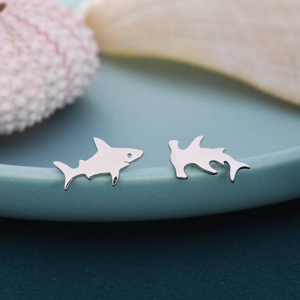 Mismatched Shark Stud Earrings in Sterling Silver, Animal Earrings
