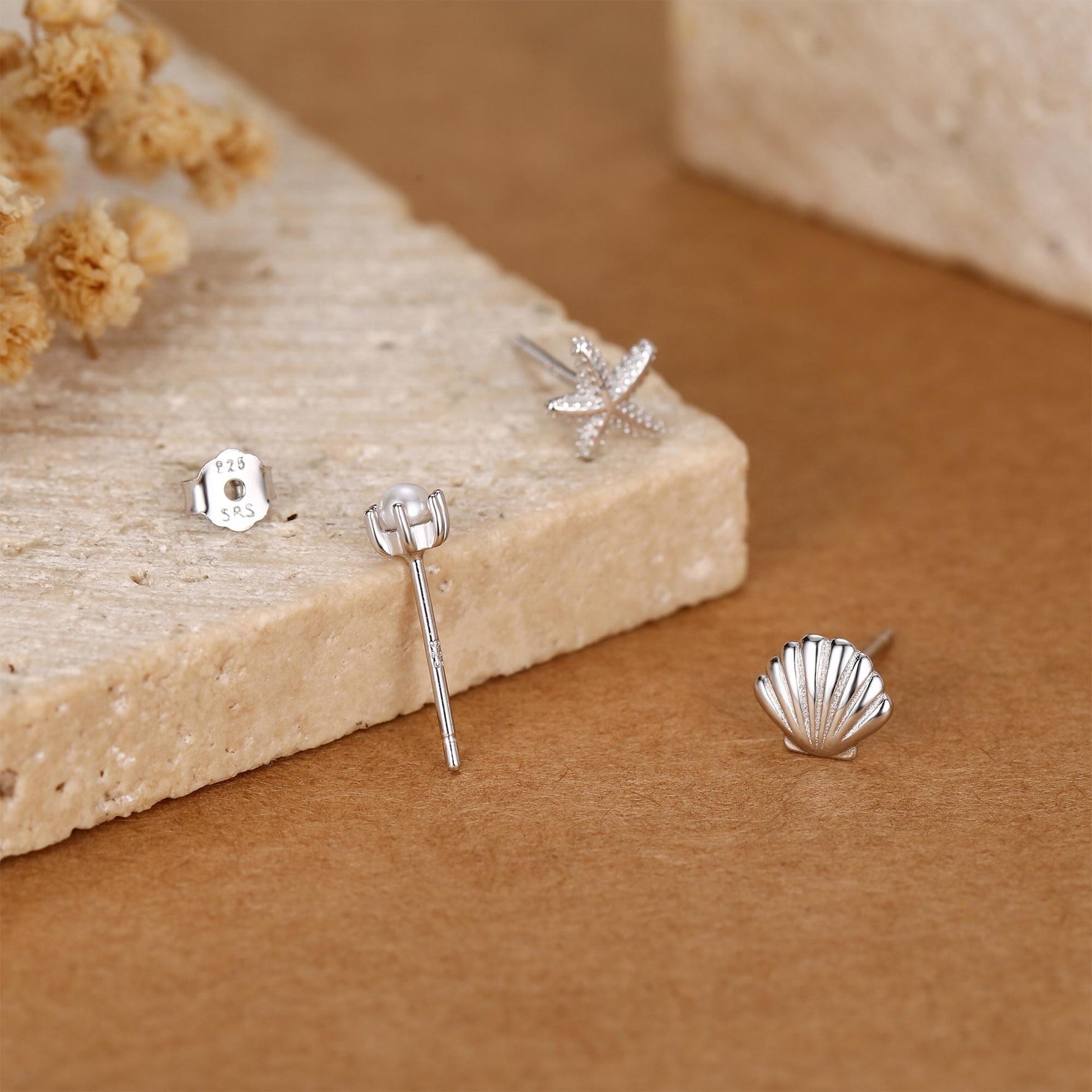 Sterling Silver Shell Starfish and Pearl Stud Earrings Set of 3