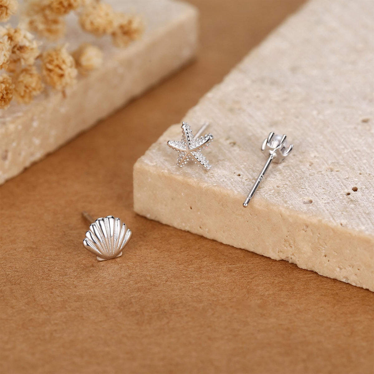 Sterling Silver Shell Starfish and Pearl Stud Earrings Set of 3