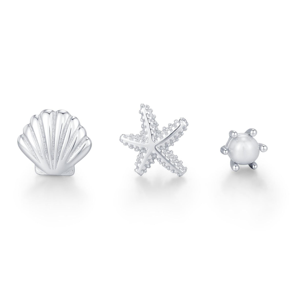 Sterling Silver Shell Starfish and Pearl Stud Earrings Set of 3