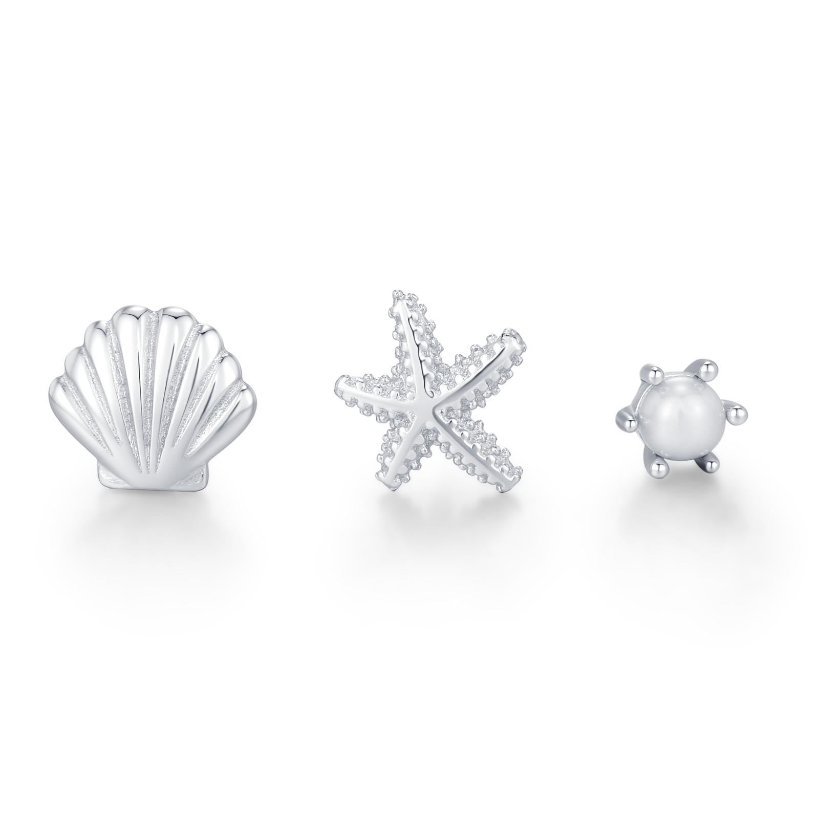 Sterling Silver Shell Starfish and Pearl Stud Earrings Set of 3