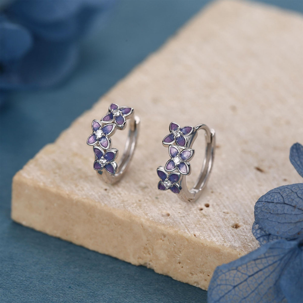 Sterling Silver Hydrangea Flower Enamel Huggie Hoop Earrings