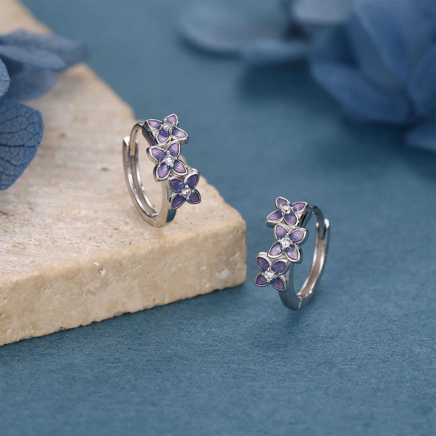 Sterling Silver Hydrangea Flower Enamel Huggie Hoop Earrings
