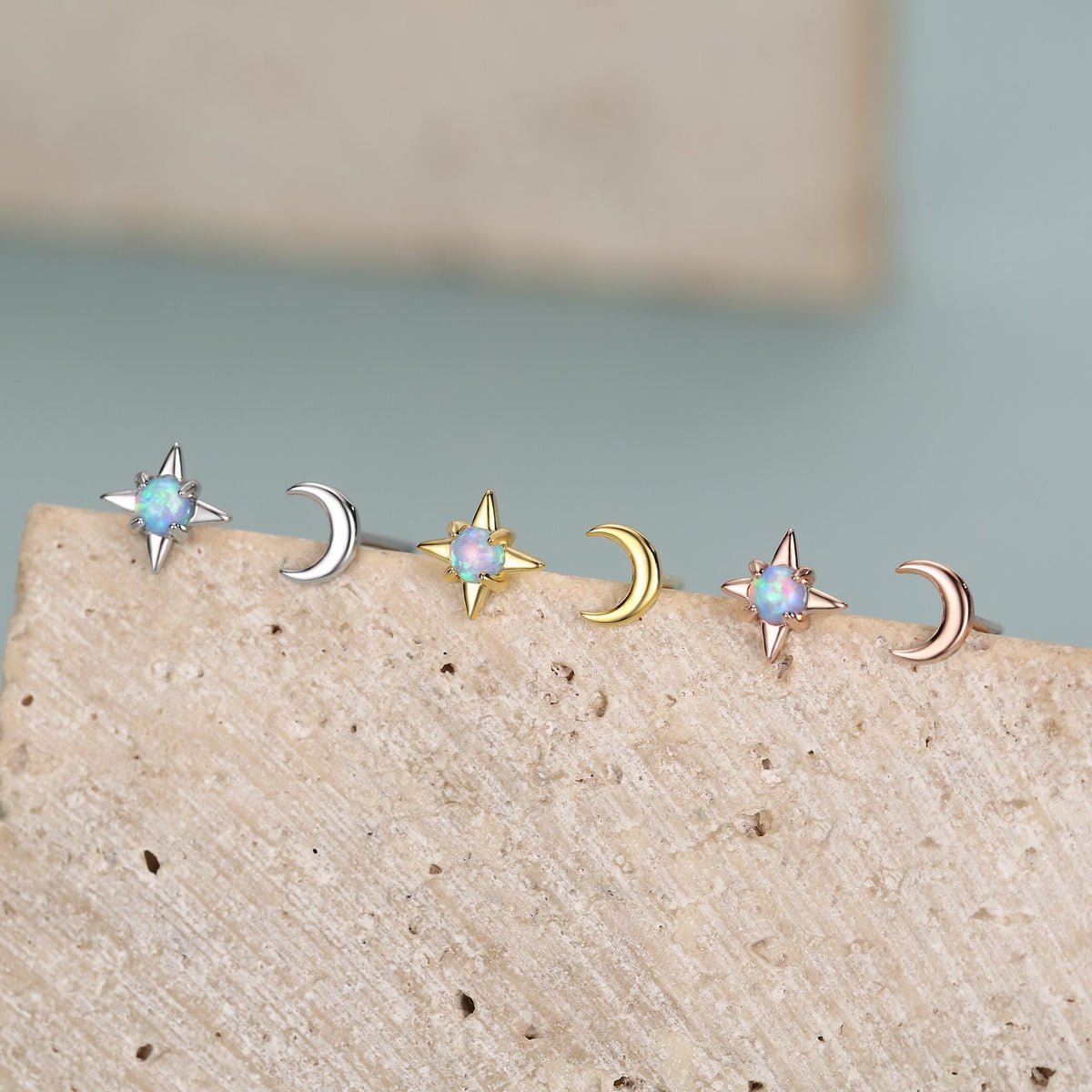 Mismatched Starburst and Moon Stud Earrings in Sterling Silver with Lab Opal, Asymmetric Blue Opal Star and Crescent Moon Earrings