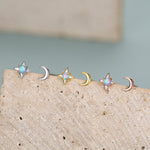 Mismatched Starburst and Moon Stud Earrings in Sterling Silver with Lab Opal, Asymmetric Blue Opal Star and Crescent Moon Earrings