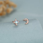 Mismatched Starburst and Moon Stud Earrings in Sterling Silver with Lab Opal, Asymmetric Blue Opal Star and Crescent Moon Earrings