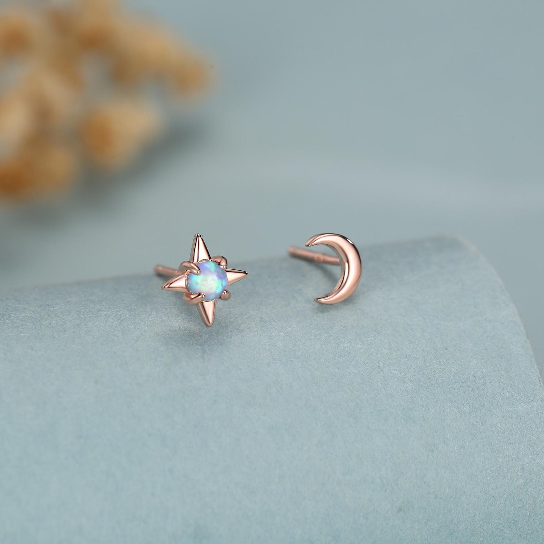 Mismatched Starburst and Moon Stud Earrings in Sterling Silver with Lab Opal, Asymmetric Blue Opal Star and Crescent Moon Earrings
