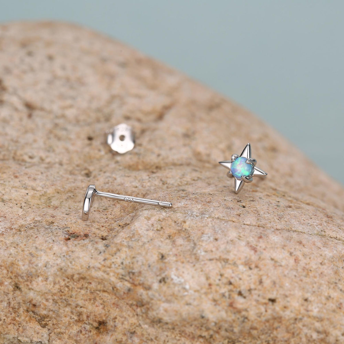 Mismatched Starburst and Moon Stud Earrings in Sterling Silver with Lab Opal, Asymmetric Blue Opal Star and Crescent Moon Earrings