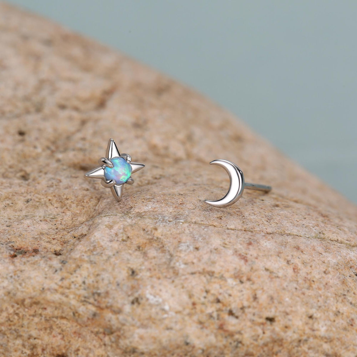 Mismatched Starburst and Moon Stud Earrings in Sterling Silver with Lab Opal, Asymmetric Blue Opal Star and Crescent Moon Earrings