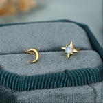 Mismatched Starburst and Moon Stud Earrings in Sterling Silver with Lab Opal, Asymmetric Blue Opal Star and Crescent Moon Earrings