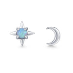 Mismatched Starburst and Moon Stud Earrings in Sterling Silver with Lab Opal, Asymmetric Blue Opal Star and Crescent Moon Earrings
