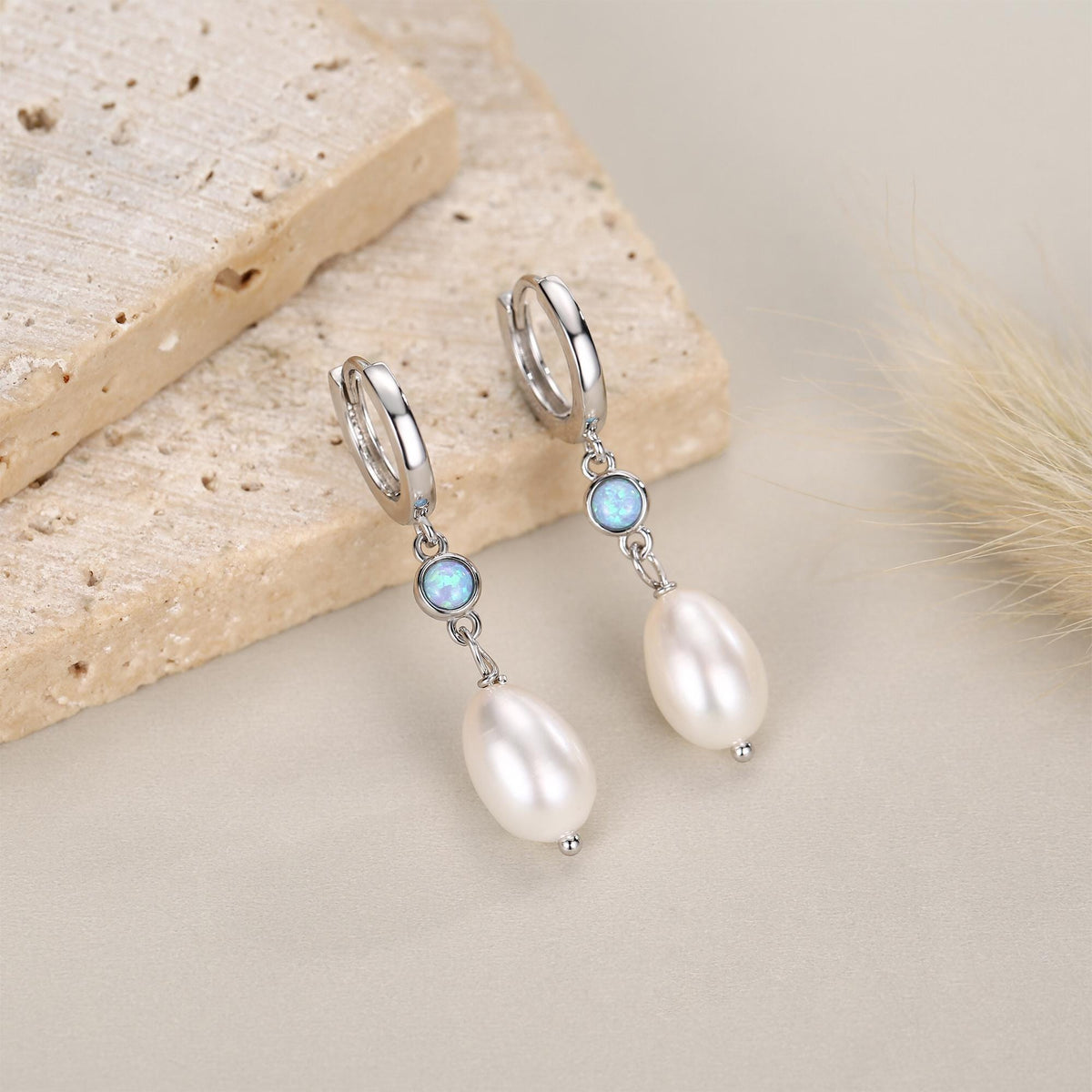 Genuine Freshwater Pearl and Blue Opal Huggie Hoop Earrings in Sterling Silver, Delicate Keshi Pearl and Opal Earrings, Genuine Pearls