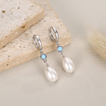 Genuine Freshwater Pearl and Blue Opal Huggie Hoop Earrings in Sterling Silver, Delicate Keshi Pearl and Opal Earrings, Genuine Pearls