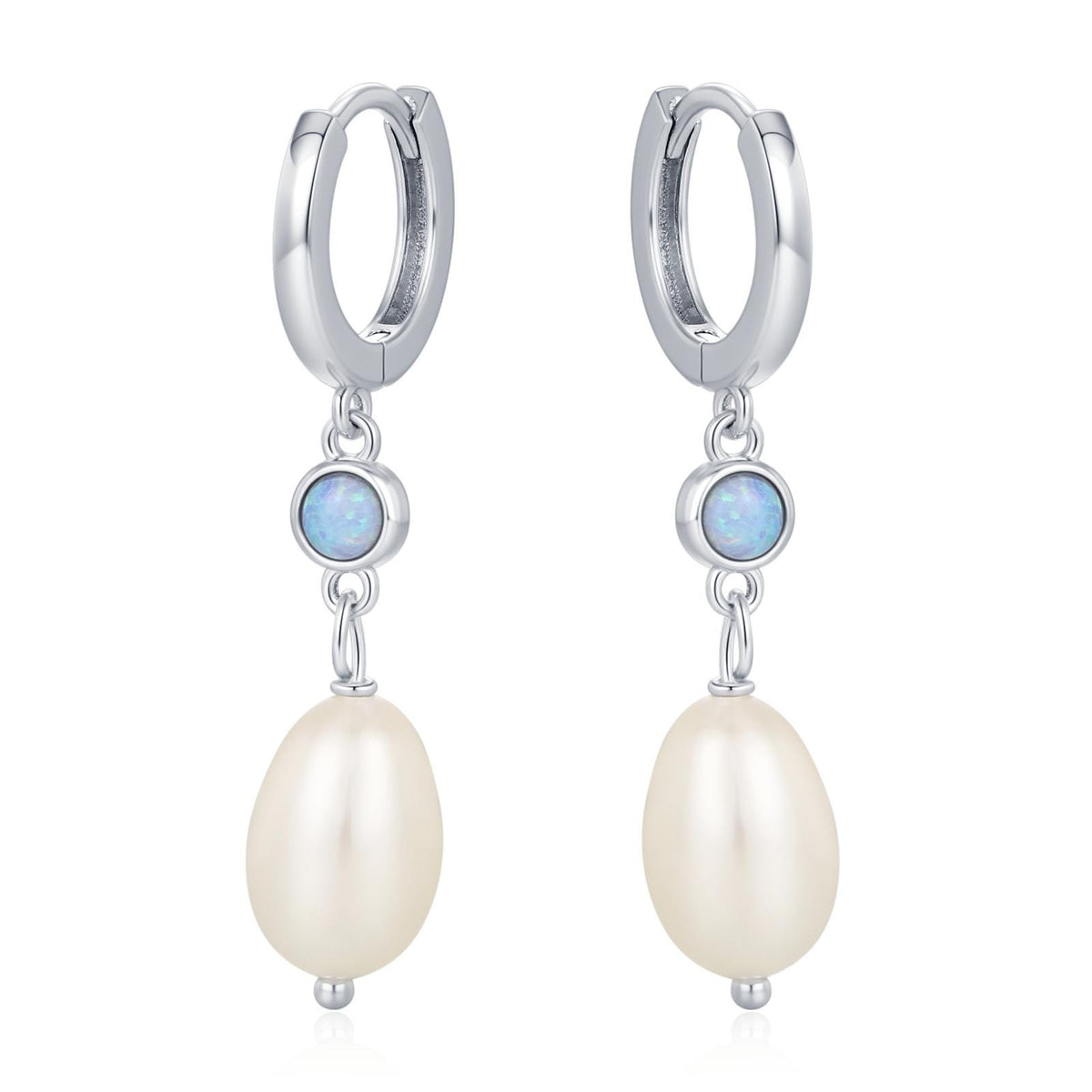 Genuine Freshwater Pearl and Blue Opal Huggie Hoop Earrings in Sterling Silver, Delicate Keshi Pearl and Opal Earrings, Genuine Pearls