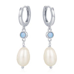 Genuine Freshwater Pearl and Blue Opal Huggie Hoop Earrings in Sterling Silver, Delicate Keshi Pearl and Opal Earrings, Genuine Pearls